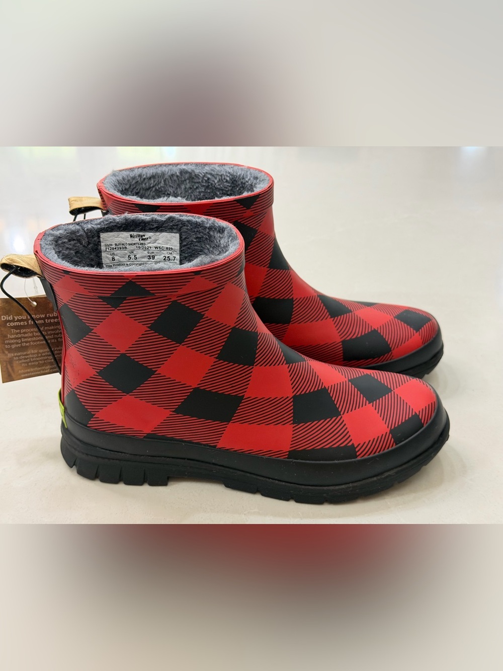 Western Chief Buffalo Plaid Shorty Rain Boots Red Black Waterproof Ankle Boot, 8